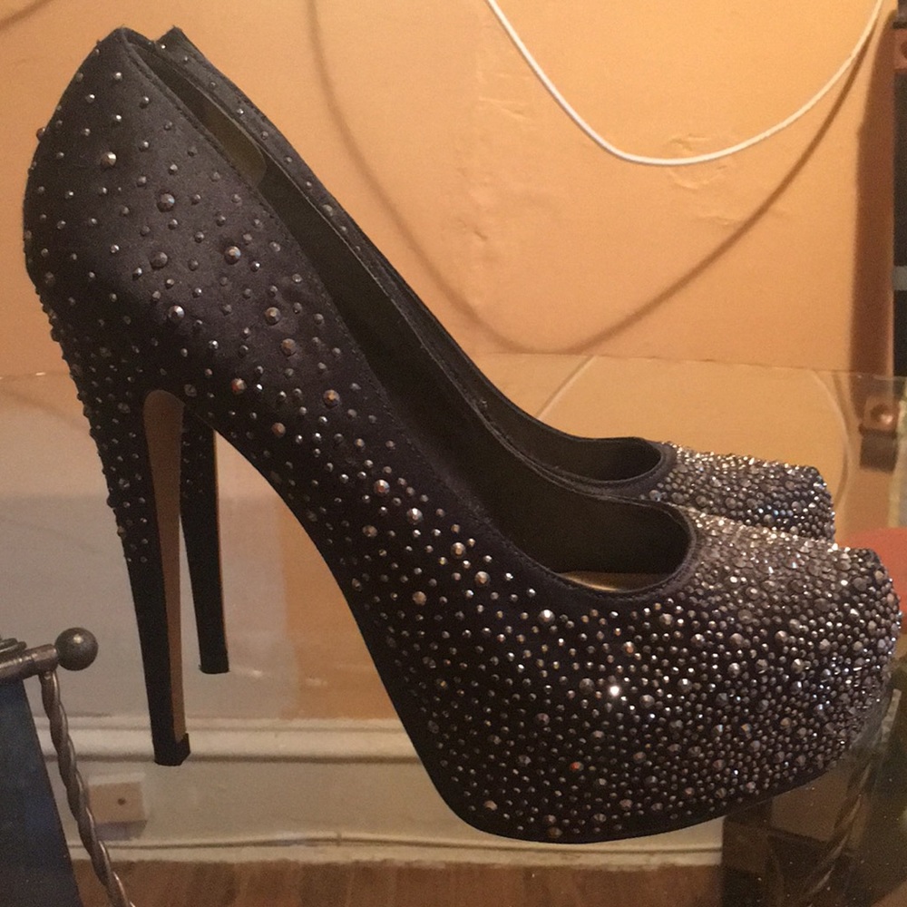 Aldo Black Satin Rhinestone Platform Pumps